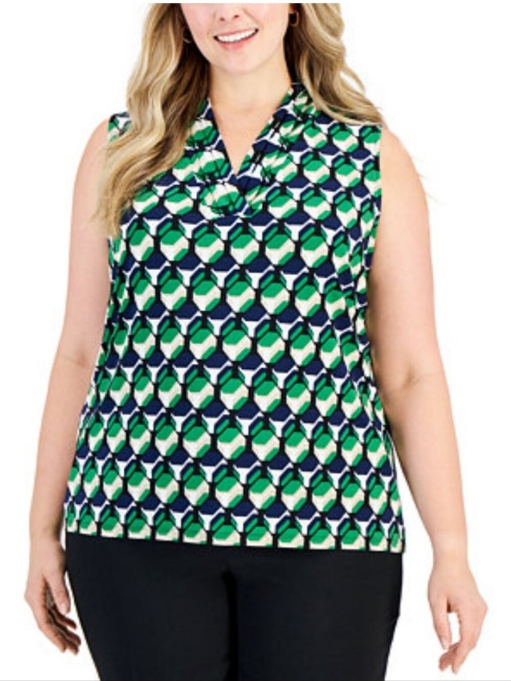 Anne Klein Plus Printed Triple-Pleat Sleeveless Relaxed Top Black Green Navy XL
